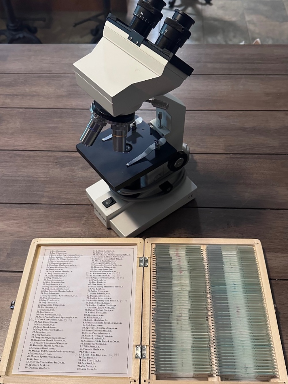 AmScope Binocular Compound Lab Microscope w/ 100 Prepared Slides Bundle
